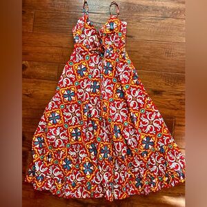Vibrant Red Italian Tile-Print Spaghetti Strap Maxi Dress